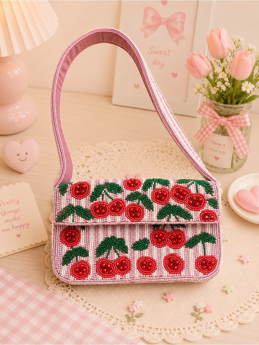 NWT Anthropologie Beaded Cherry Shoulder Bag Pink Stripe